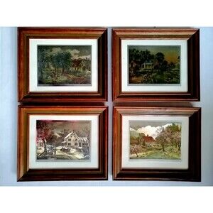 Currier and Ives American Homestead Metallic Print Set of 4 Framed 4 Seasons